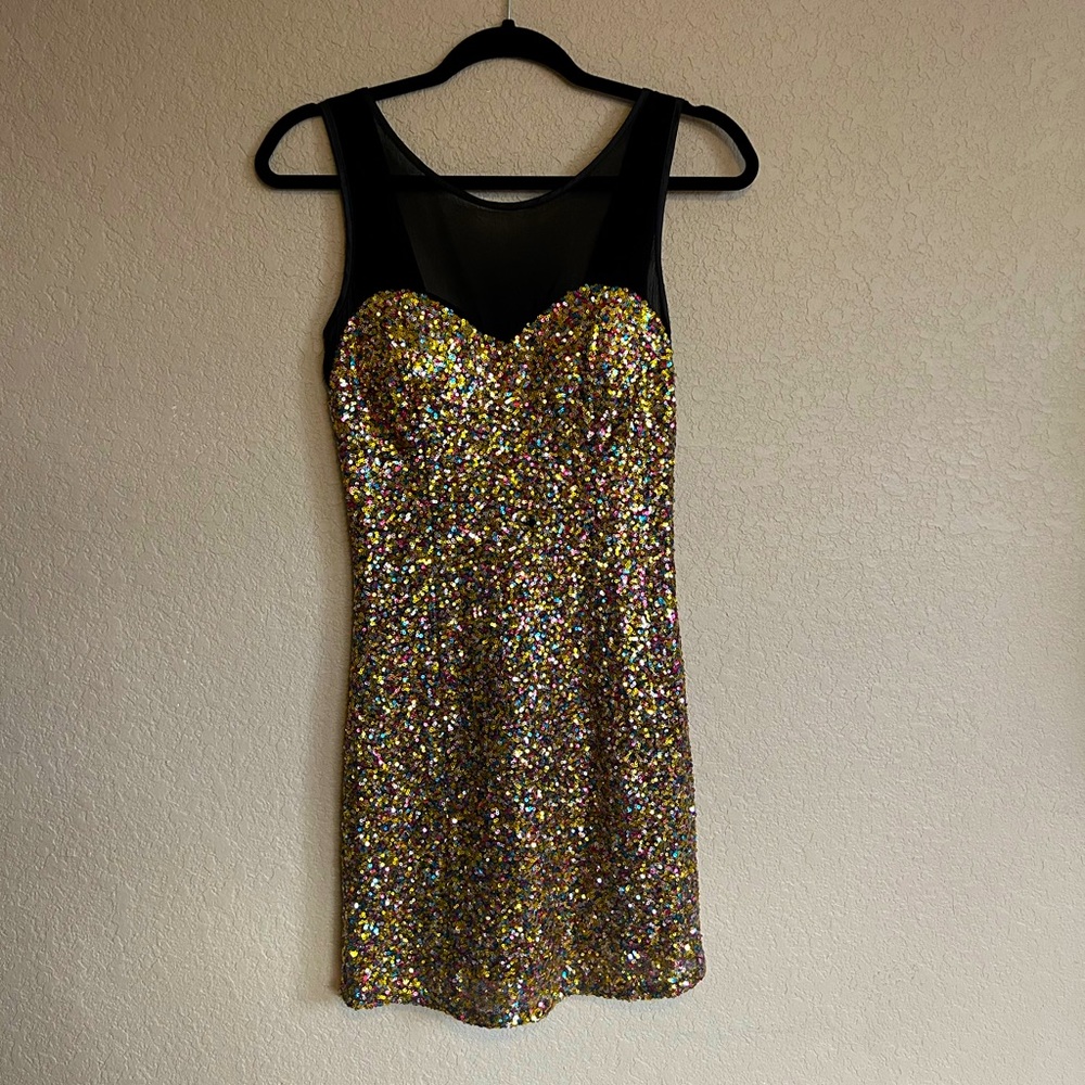 Gold Glitter Sequined and Black Mini Dress, Size Small